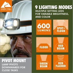 Ozark Trail 600 Lumen LED Wide View Headlamp with Hybid Power (Alkaline and Rechargeable Batteries)
