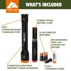 Ozark Trail 1600 Lumens LED Flashlight with Hybrid Power (Alkaline and Rechargeable Battery Included),Black