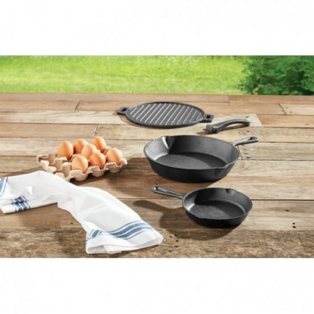 Ozark Trail 4-piece Cast Iron Skillet Set with Handles and Griddle,Pre-seasoned,6",10.5",11"